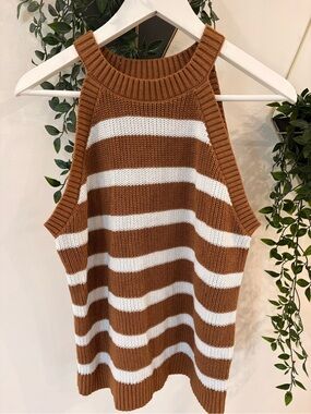 Old Navy Brown and White Striped Off-the-Shoulder Sweater
